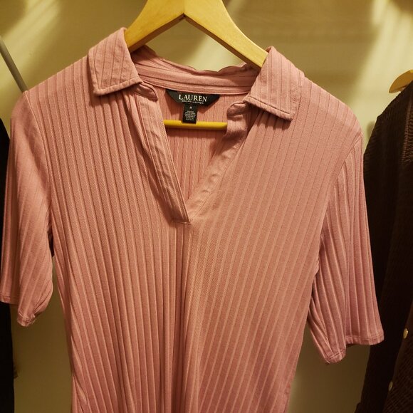 Ralph Lauren Tops - Ralph Lauren - Rib-Knit Elbow-Sleeve Polo Tee - Pink Size M